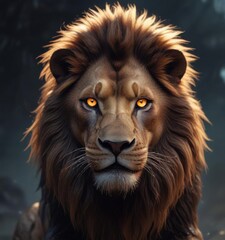 Fototapeta premium Lion in digital fantasy art with glowing eyes, Forest, Wildlife