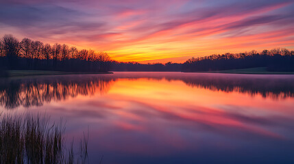 Fototapeta premium Easter family decoration event at serene lake nature landscape colorful sunset reflection viewpoint