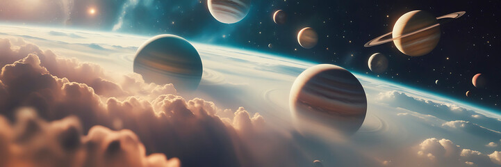Image of planets in outer space against the background of stars and nebulae. Deep Space Travel. Illustration