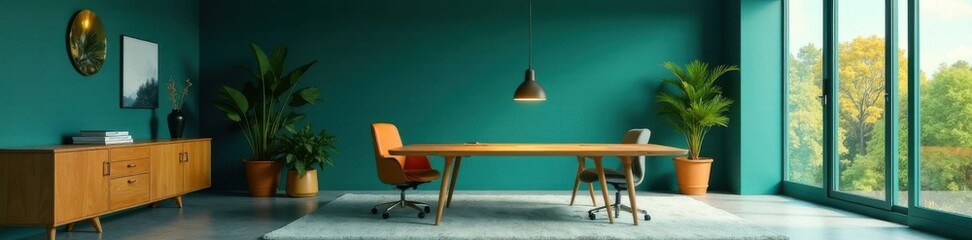 Minimalist office space with gold accents and dark teal hues, gold, minimalist