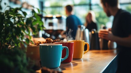 A closeup shot of a communal coffee bar showcasing brightly colored mugs and a selection of artisanal snacks with people exchanging ideas over steaming cups in a lively plantfilled
