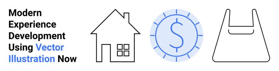 House outline, coin with dollar sign, shopping bag symbolizing real estate, finance, and retail. Ideal for business, e-commerce, apps, banking marketing property flat landing page banner