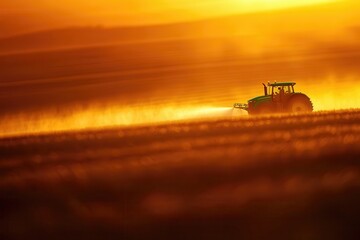 Fototapeta premium Tractor spraying crops in golden sunset, agricultural machinery working in field, farming technology, rural landscape, sustainable agriculture at dusk.