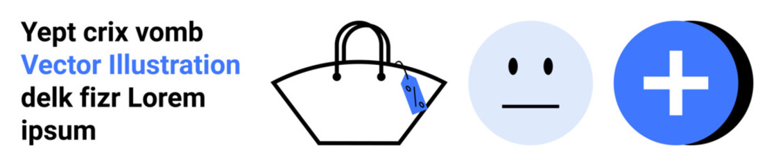 Handbag outlined with attached tag, neutral emotion face, and bold plus symbol. Ideal for retail, shopping, fashion, e-commerce, emotion, healthcare user interface flat landing page banner