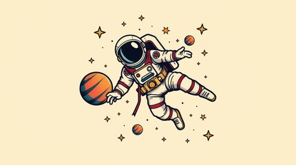 Obraz premium Astronaut Playing with Planets in Space Cartoon Illustration with Stars