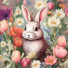 Cute bunny spring flowers Easter Seamless design illustrations, perfect for festive products, POD, wallpaper, gift warp and cards