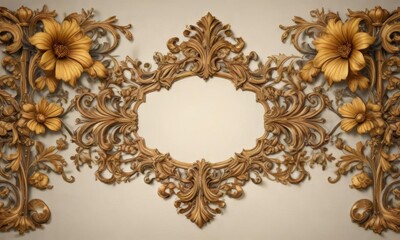 Ornate Baroque floral scroll border with filigree and calligraphy,  swirl design,  heraldic shield,  filigree