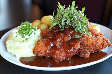 A gourmet dish featuring crispy fried chicken with a rich gravy, creamy mashed potatoes topped with chives, and boiled potatoes, beautifully presented on a white plate.