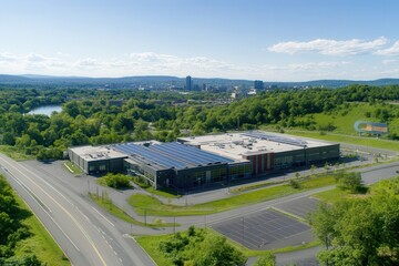 Aerial view of modern commercial building with solar panels surrounded by green landscape and blue sky, showcasing sustainable architecture and urban development.