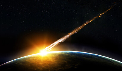 Comet, asteroid, meteorite flying to the planet Earth.  Glowing asteroid and tail of a falling...