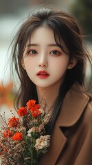Naklejka premium Young woman holding a bouquet of flowers in a serene outdoor setting during soft daylight hours
