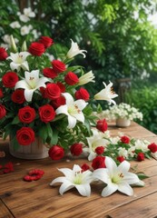 Obraz premium Red roses on a wooden table surrounded by lush greenery and white lilies, romantic background, natural elements