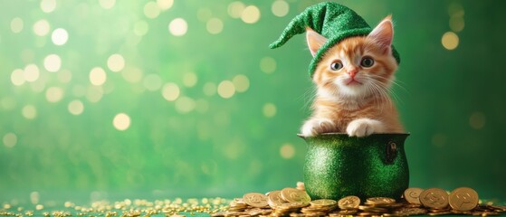 Adorable ginger kitten wearing green leprechaun hat sitting in pot of gold for St Patricks Day celebration with festive bokeh background