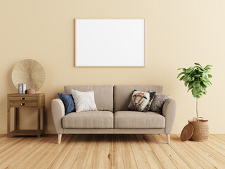 Frame mockup in Interior, a living room with a couch and a plant with a white frame with transparent background, 3D rendering	

