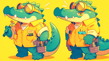 Cartoon crocodile character in a yellow shirt with tools, smiling and posing against a bright background