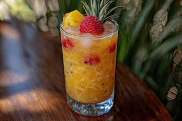 A refreshing tropical cocktail with pineapple and raspberries on a wooden table, exuding summer vibes and inviting taste, surrounded by tropical leaves.