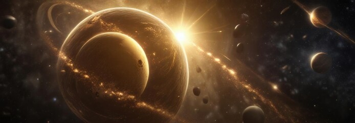 Shimmering gold dust on a cosmic background with stars and planets ,  gold,  #glitter,  background