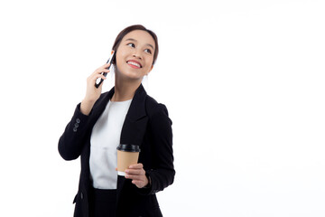 Portrait cheerful young asian businesswoman holding coffee cup while talking smart phone with relax and satisfied isolated white background, business woman drinking coffee and speaking on smartphone.