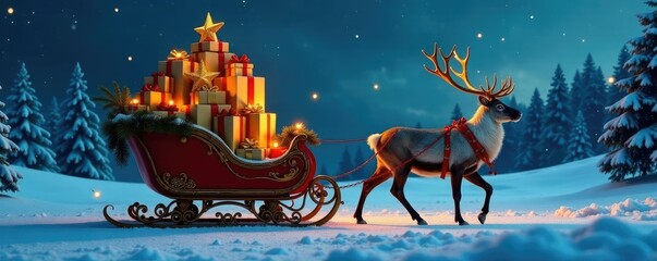 Naklejka premium Golden presents piled high on a wooden sleigh pulled by a majestic reindeer under the night sky, holiday, festive, presents