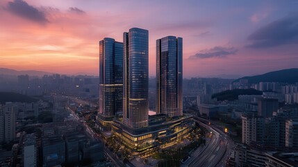 Fototapeta premium City skyline at sunset featuring modern skyscrapers with vibrant lights, urban landscape, contemporary architecture, financial district, and evening sky.