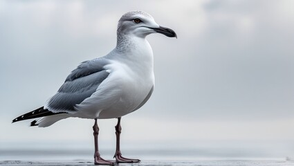 Fototapeta premium Majestic Gray Seagull with Subtle Sheen Standing Tall Against a Soft Background in a Coastal Wildlife Setting