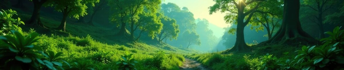 Fototapeta premium Lush green forests on a terrestrial exoplanet, terrestrial life, habitable exoplanet, forest