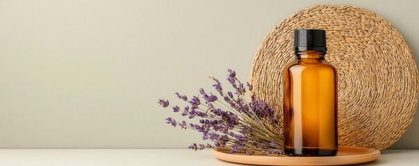 Fototapeta premium Lavender Essential Oil and Dried Flowers on Wooden Tray