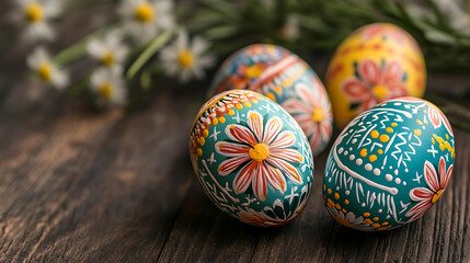 Fototapeta premium Easter family decorations festive home setup colorful eggs on wooden table spring vibe celebrating togetherness