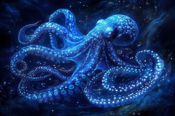 a bioluminescent deepsea octopus dancing through dark waters tentacles trailing ethereal blue light surrounded by sparkling plankton and mysterious deepsea currents