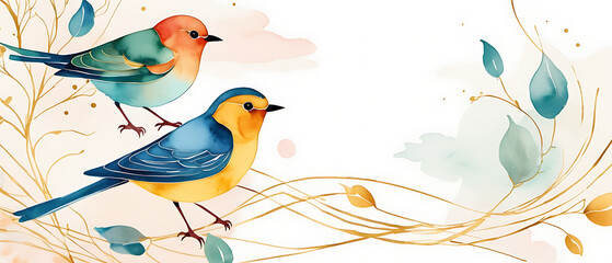 Colorful Watercolor Birds Illustration with Elegant Floral Elements and Soft Background