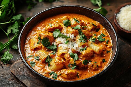 Creamy chicken pasta dish garnished with fresh herbs served in a rustic bowl amid green cilantro leaves and grated cheese