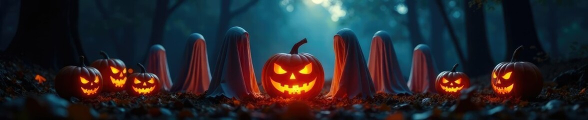 Naklejka premium Ghostly figures gather around a glowing jack-o-lantern, spooky, mystical, pumpkins