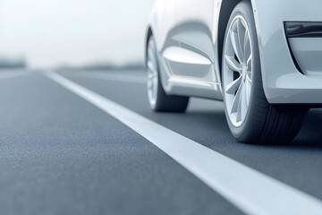 Sleek car on a highway, captured in a clean, modern shot that emphasizes its design and the open road ahead, minimalist aesthetic, clean lines.