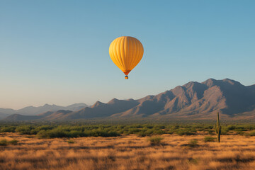 Obraz premium Hot air balloon floats over a desert landscape, mountains in the background, clear skies overhead. Adventure in the Southwest with nature's beauty.