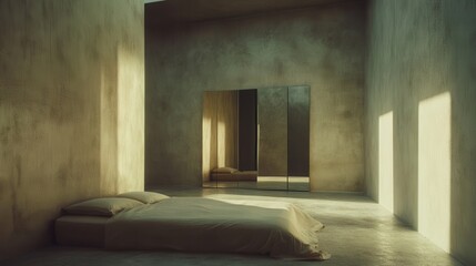 Sleek Bedroom with Mirror and Soft Ambient Light
