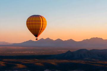 Obraz premium Hot air balloon floating peacefully over a mountain range at sunset. Beautiful sky, adventure and tranquility in the air.