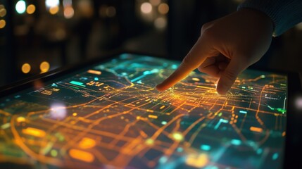 Urban planner uses an interactive digital touchscreen displaying a vibrant, illuminated map of a city's infrastructure at night, highlighting roads, buildings, and data points