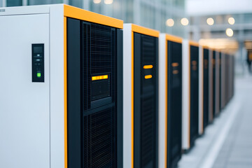 Modern Server Room: A line of servers with yellow trim in a bright, sterile data center providing reliable, scalable digital infrastructure.
