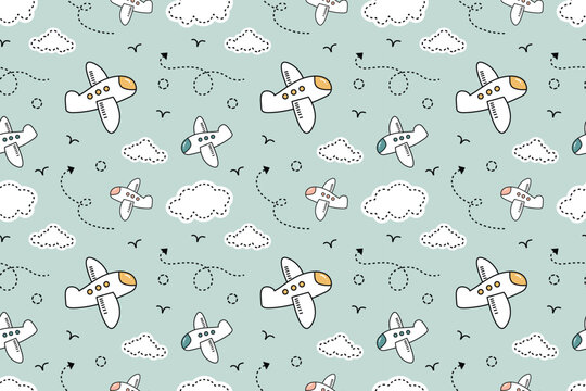 Cute airplane with clouds kiddy illustration abstract seamless repeat pattern