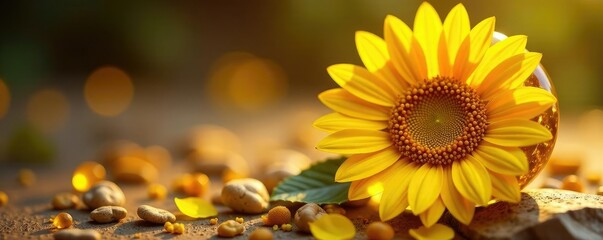 Fototapeta premium Golden sunflower embedded in a large yellow citrine gemstone, bright, sunflower