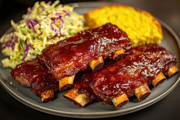 A mouthwatering plate of BBQ ribs with coleslaw and cornbread, showcasing the rich flavors and textures of a classic American comfort food meal.
