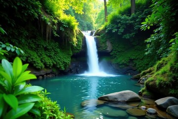 Lush greenery surrounds serene waterfall cascading into crystal clear stream, waterfalls, plants, scenery