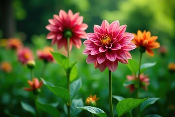 Obraz premium Lush greenery swaying around a majestic dahlia blossom, verdant, garden