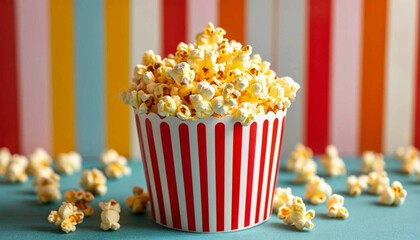 Buttered popcorn in a striped box with a vibrant background and space for customizable text in a promotional design.