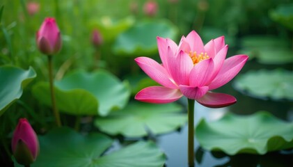 Obraz premium Pink water lily in full bloom amidst lush greenery and reeds, serene, white background, nature
