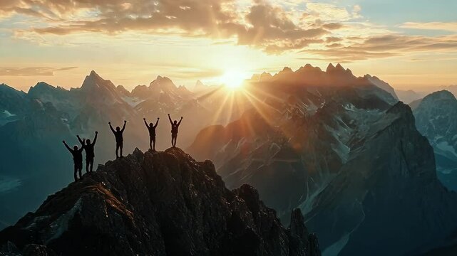 A group of friends exulting on a mountain peak during sunset, arms raised high in celebration, embodying the spirit of adventure and the beauty of nature.