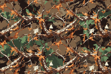 Seamless Hunting Camouflage Pattern with Realistic Tree Bark Textures and Layered Leaf Details for Forest and Outdoor Design Projects. Vector hunting camouflage background. Camo texture. Abstract