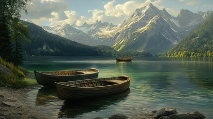 Rowboats moored in lake against mountains range