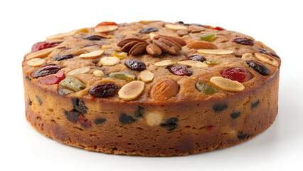 A classic fruit cake with a rich, moist texture, packed with dried fruits and nuts, isolated on a clean white background.