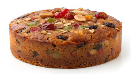A classic fruit cake with a rich, moist texture, packed with dried fruits and nuts, isolated on a clean white background.